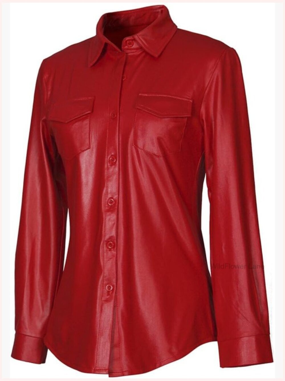 Women's Metallic Faux Leather Button Down Shirt Long Sleeve Party Club Top